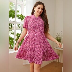 Plus Size Printed Short Sleeve Collared Dress Rouge Pink
